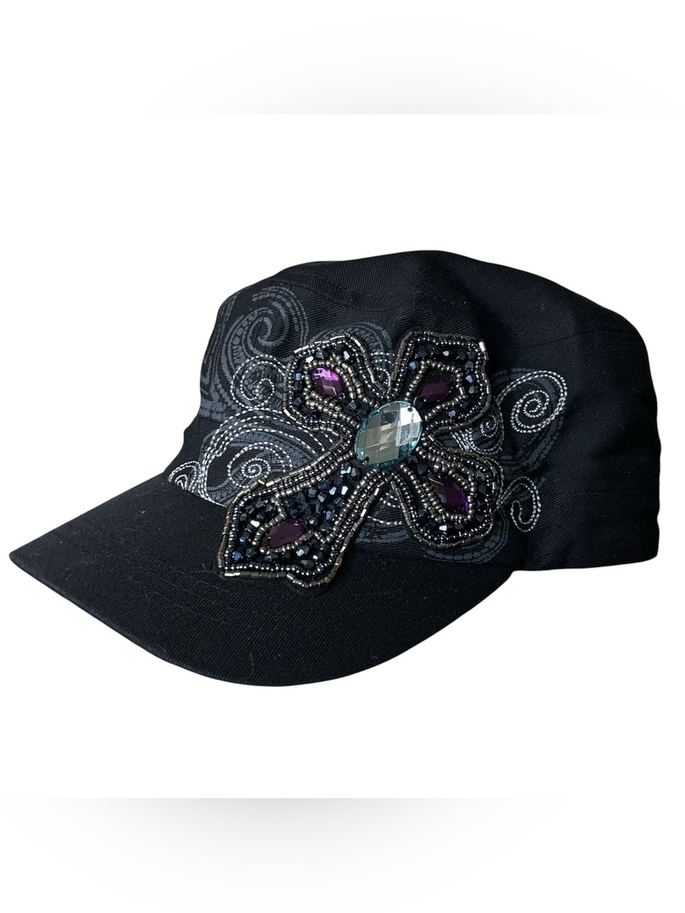 Y2K Grunge “Kbethos” Black Beaded Cross Embroidered Hat